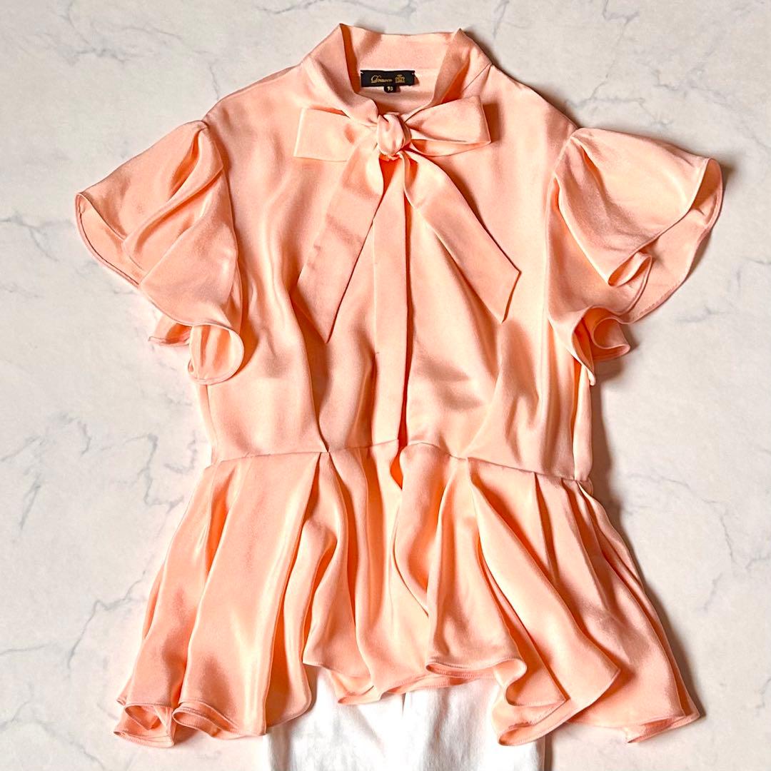 極美品☆ドゥロワー フリル リボン ブラウス サーモンピンク 38 M とろみ