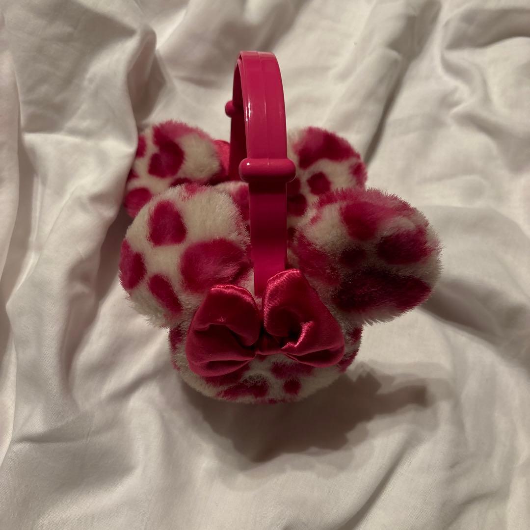 ディズニーピンク・白ヒョウ柄リボン付きイヤーマフ　耳当て