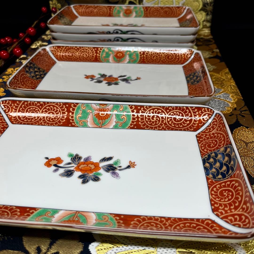 【古伊万里意匠】 前畑陶器 醍醐窯 金襴手 長角皿 セット 金彩 色絵 赤絵