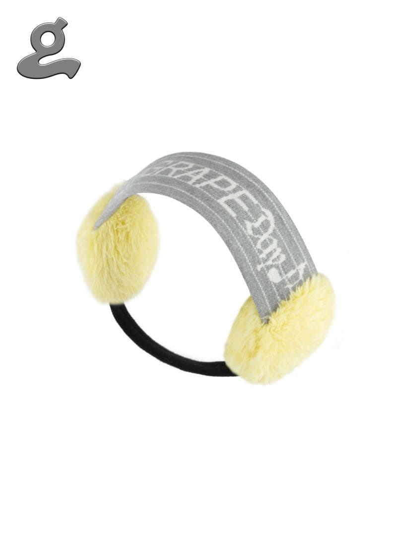 GRAPE楽譜アルファベット ニット ファー ヘアバンド イヤーマフ黄色グレー