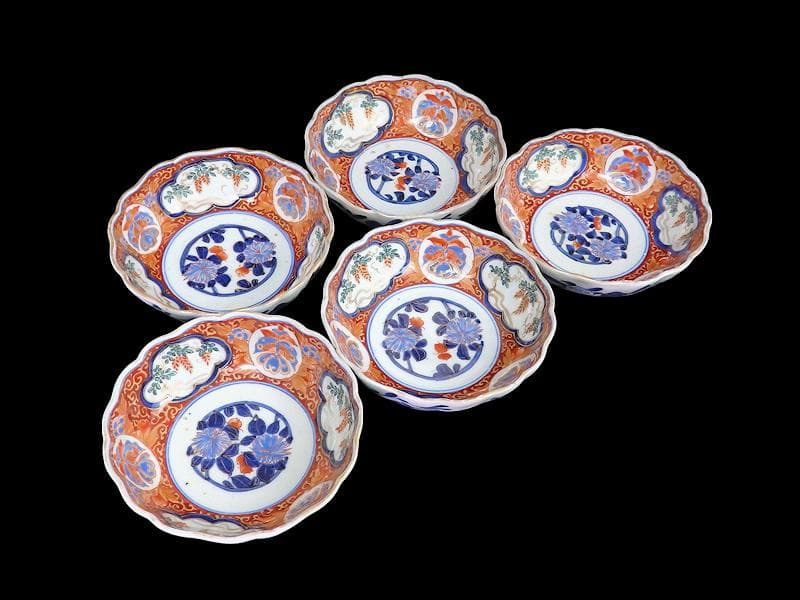 古伊万里　色絵 窓絵　藤に蝶　菊の図　膾皿　５客　C202AS-CWv