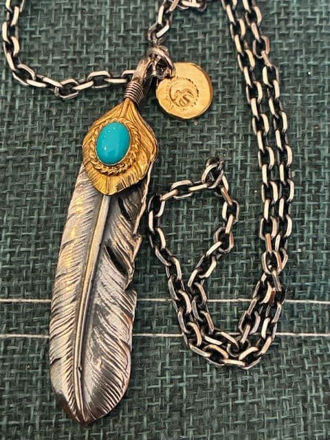 ゴローズ　上金金縄ターコイズ特大フェザー＋k18太陽中＋細角チェーンセット