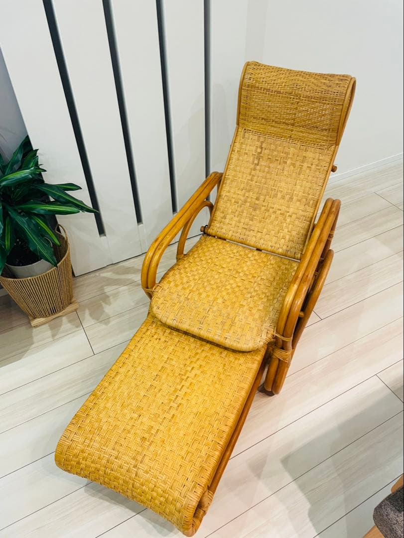 昭和レトロ ラタンリクライニングチェア オットマン付き 籐家具 1人掛けソファー