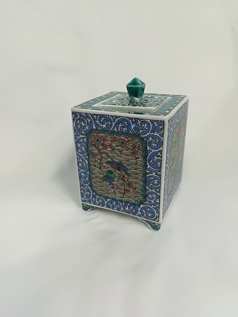 九谷焼 香籠 九谷 花鳥唐草 角香炉 白雅作 新品未使用 レア アンティーク