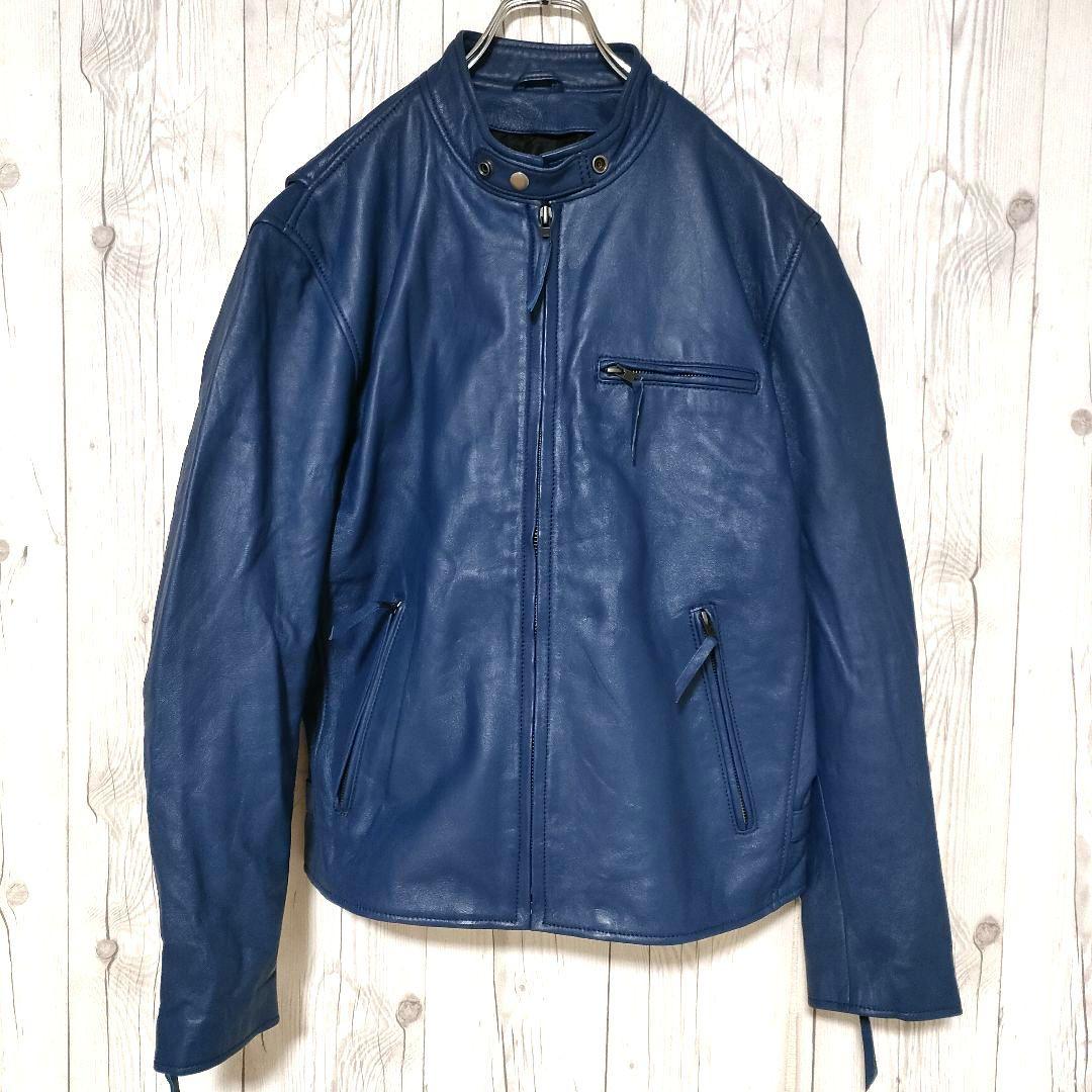 レザージャケット シングルライダース 本革 ラムレザー 羊革 青 XL