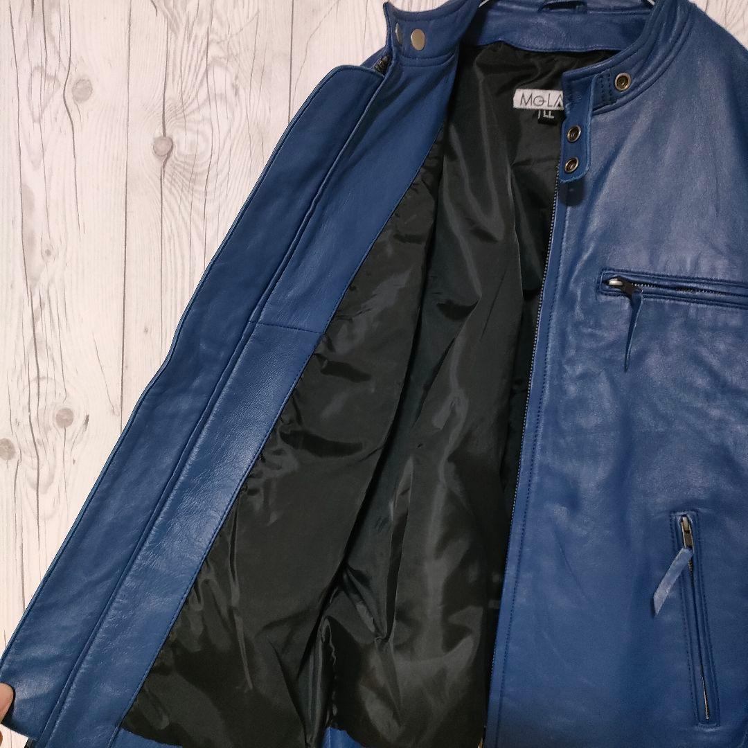 レザージャケット シングルライダース 本革 ラムレザー 羊革 青 XL