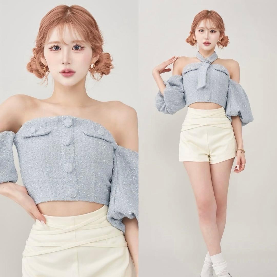 Darich ダーリッチ ホルダーネックオフショルツイードトップス