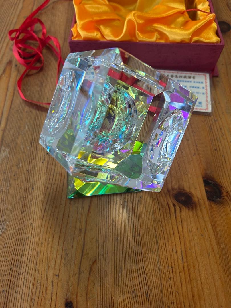 福禄寿クリスタルオブジェ　上海宝和水晶工芸　溶練水晶の置物　鑑定書付き