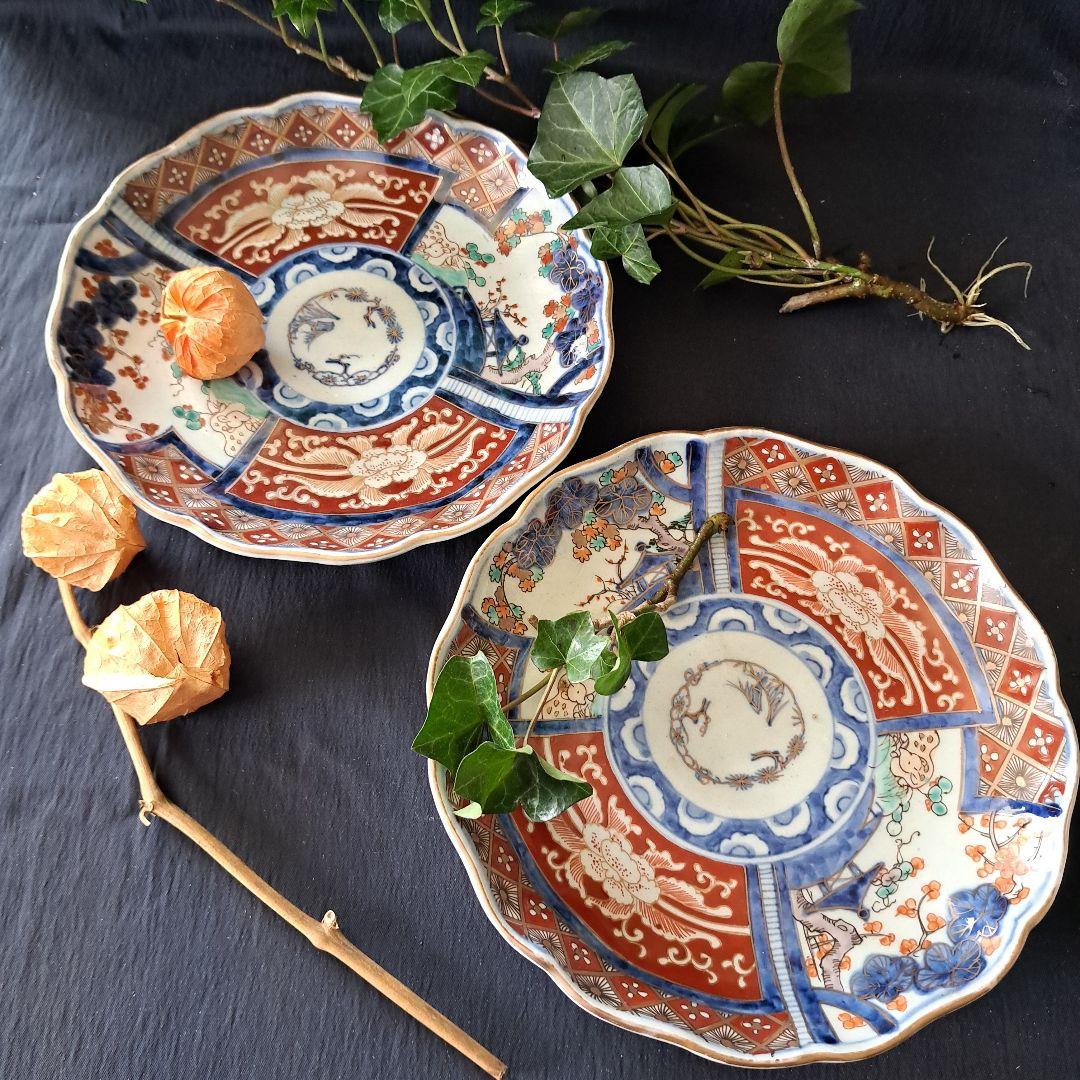 「華やかな食卓！ 金彩古伊万里皿(直径21cm)」富貴長春皿2客セット 骨董アン