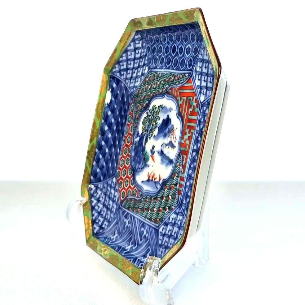 龍峰窯 龍峯窯 緑彩 金欄手 八角皿 中皿 5枚 色絵山水 染付 取り皿