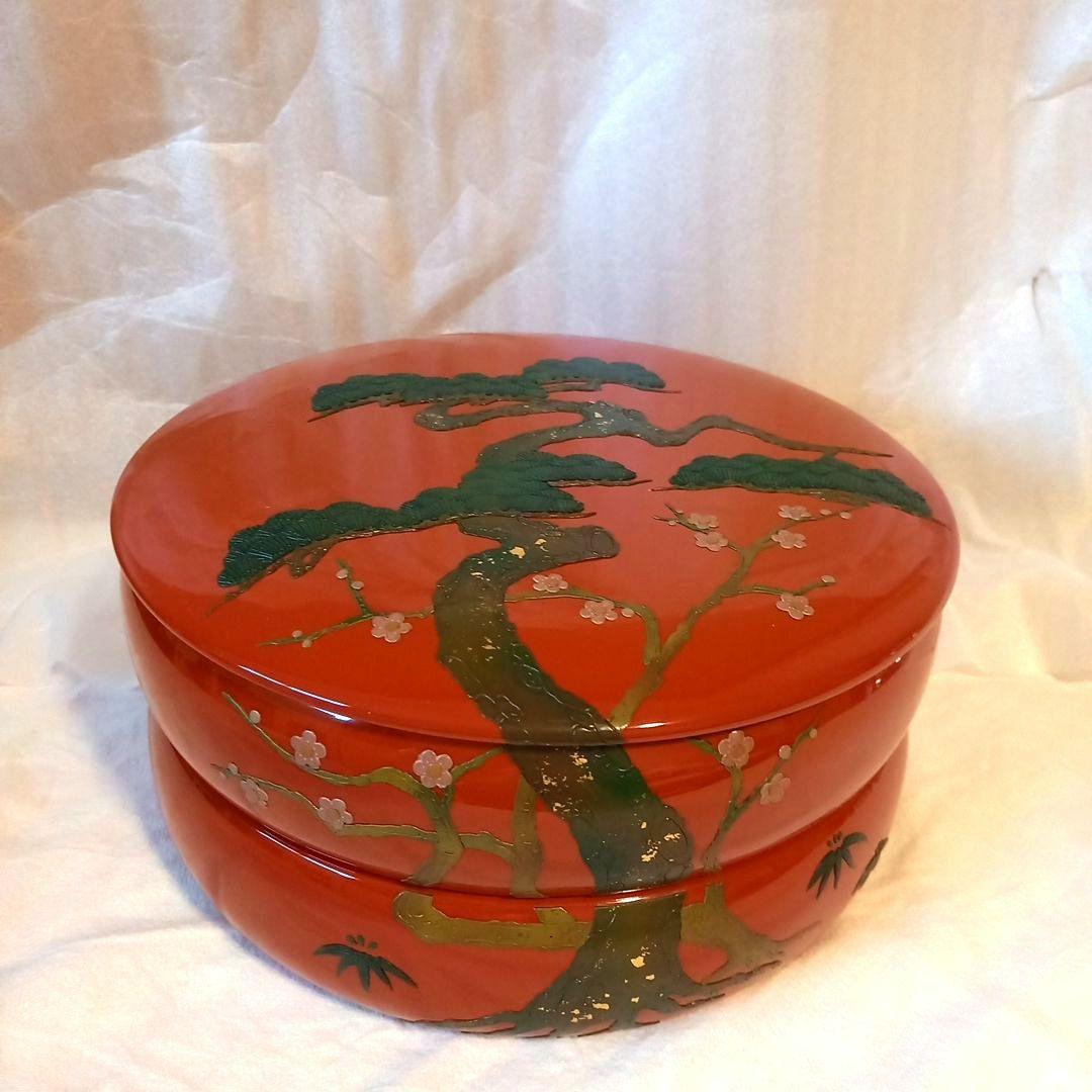 重箱/琉球漆器　丸型二段重箱(箱入り未使用品)　松竹梅