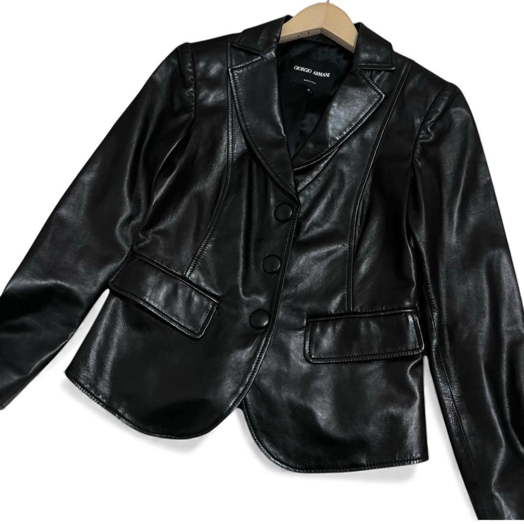 極美品【最高級黒タグ】ジョルジオアルマーニ ラムレザージャケット M 黒 シルク