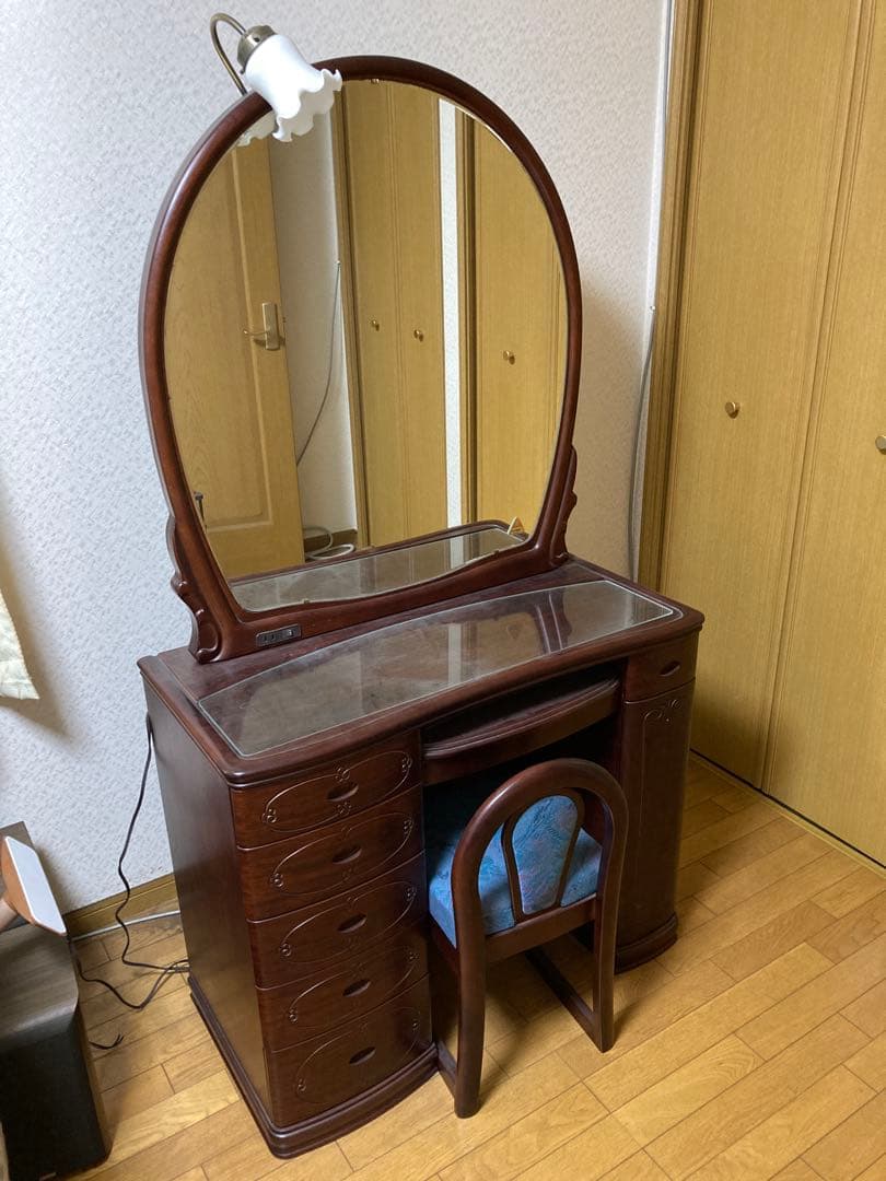 クラシック木製ドレッサー・鏡台・椅子・紫檀製・LEDライト付