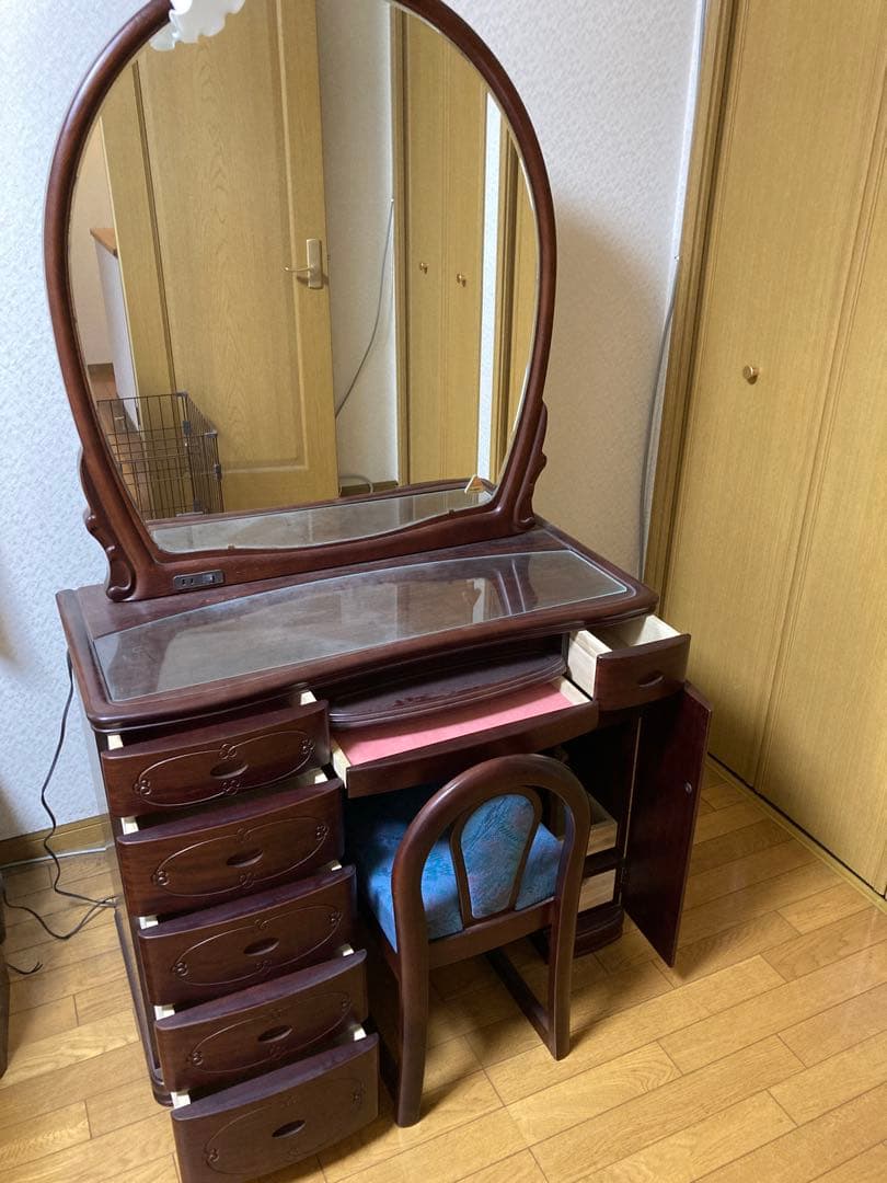 クラシック木製ドレッサー・鏡台・椅子・紫檀製・LEDライト付