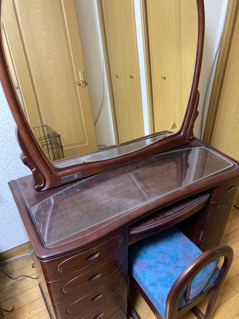 クラシック木製ドレッサー・鏡台・椅子・紫檀製・LEDライト付