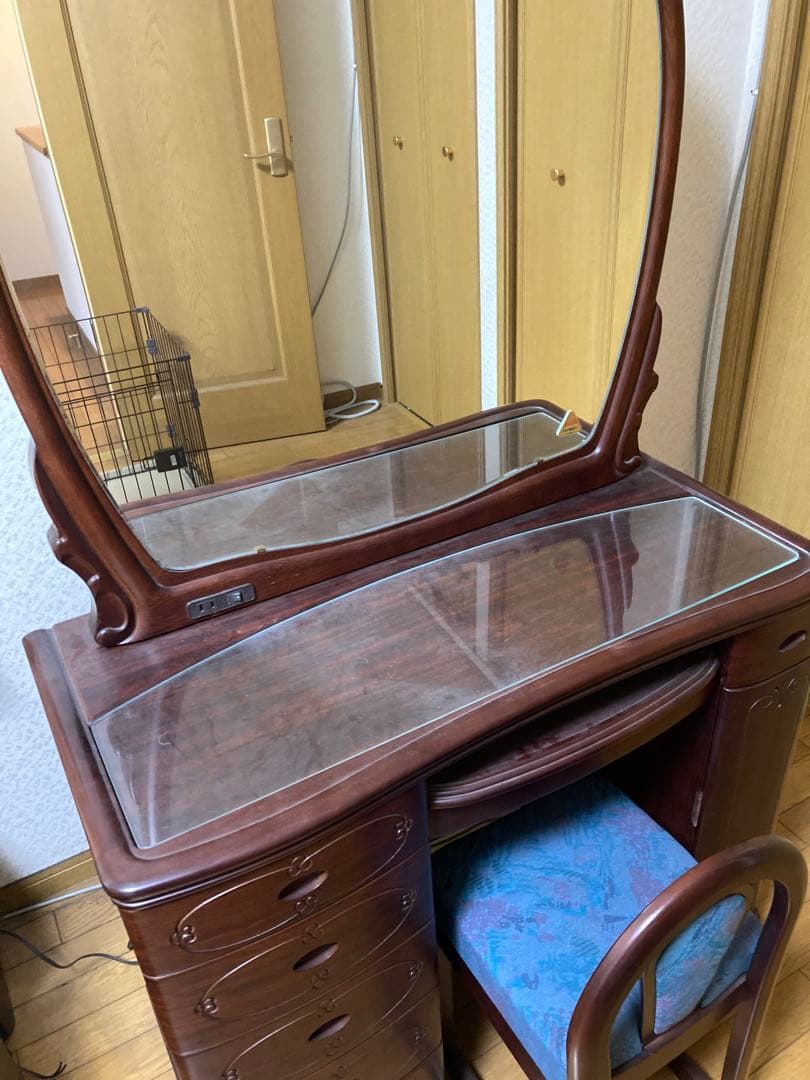 クラシック木製ドレッサー・鏡台・椅子・紫檀製・LEDライト付