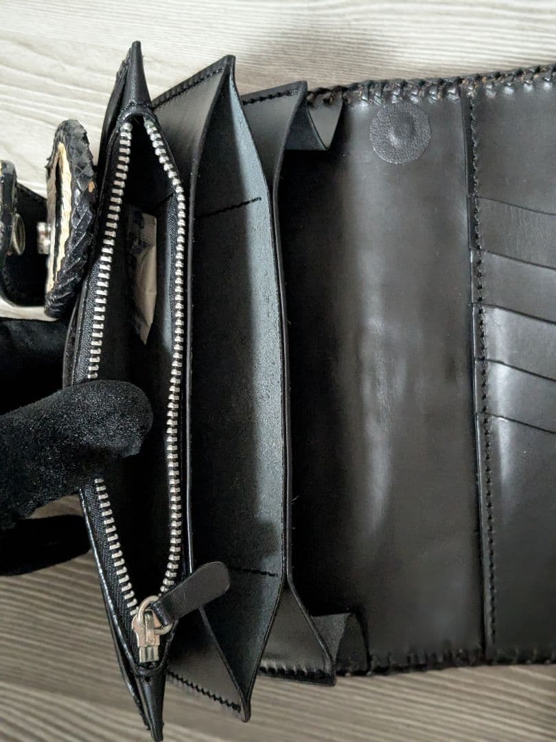 本革 長財布 シルバー925オニキスコンチョウォレットチェーンロングウォレット