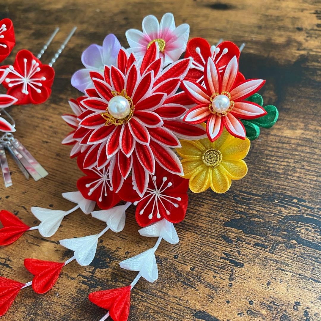 再々販 つまみ細工 髪飾り 簪セット 赤 七五三 卒業式 成人式