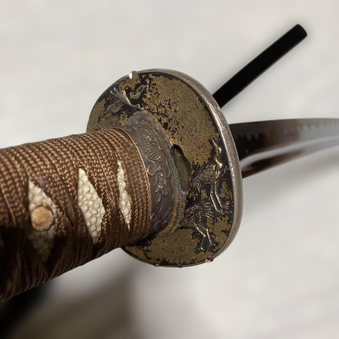 模造刀(居合刀)下緒無し 茶柄 鶴と波絵角丸鍔