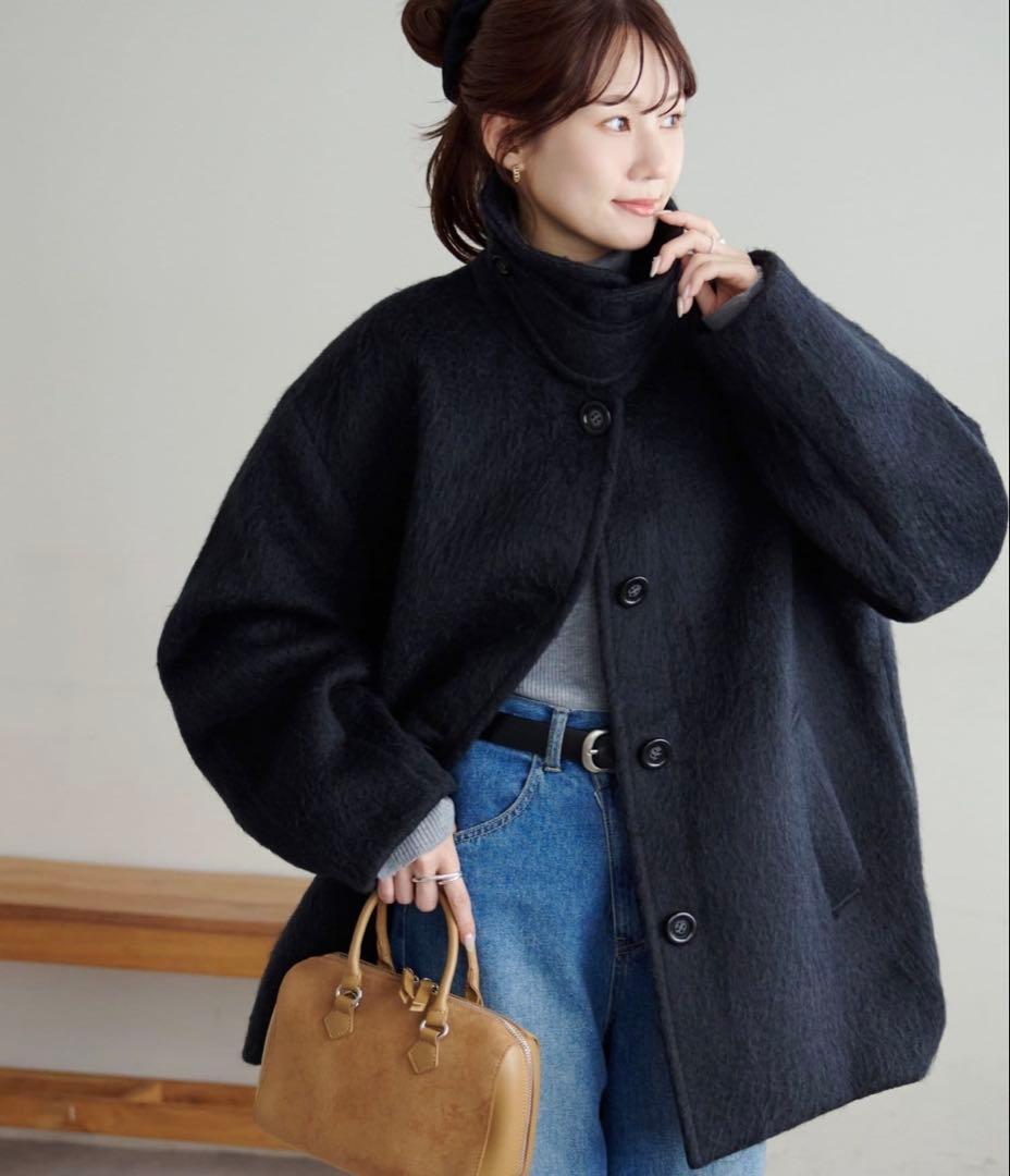 discoat ステンカラーシャギーミドルコート ブラック