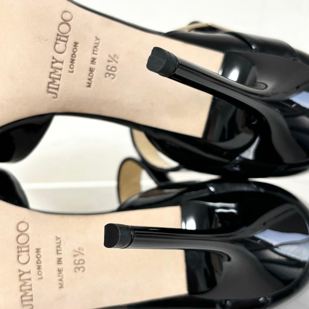 極美品 ジミーチュウ 36.5 オープントゥ ストラップ パンプス エナメル 黒
