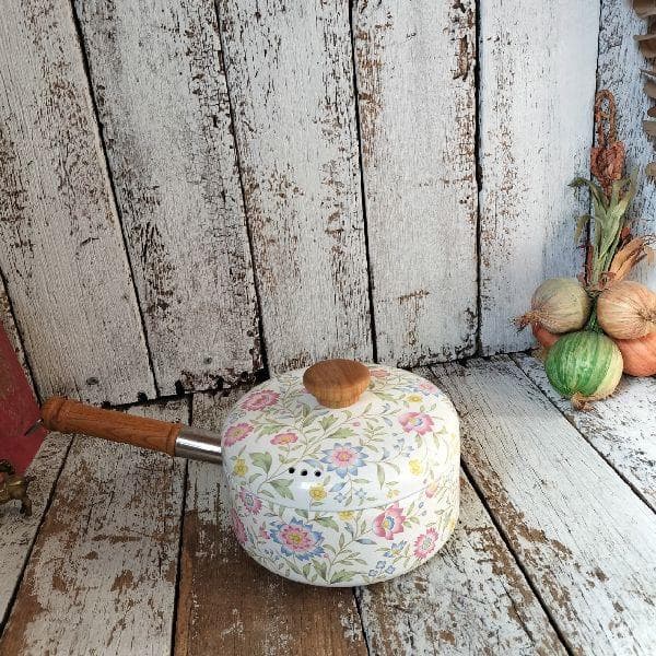 ヴィンテージ 未使用 EJIRY 華やか フラワー 花柄 ホーロー 片手鍋