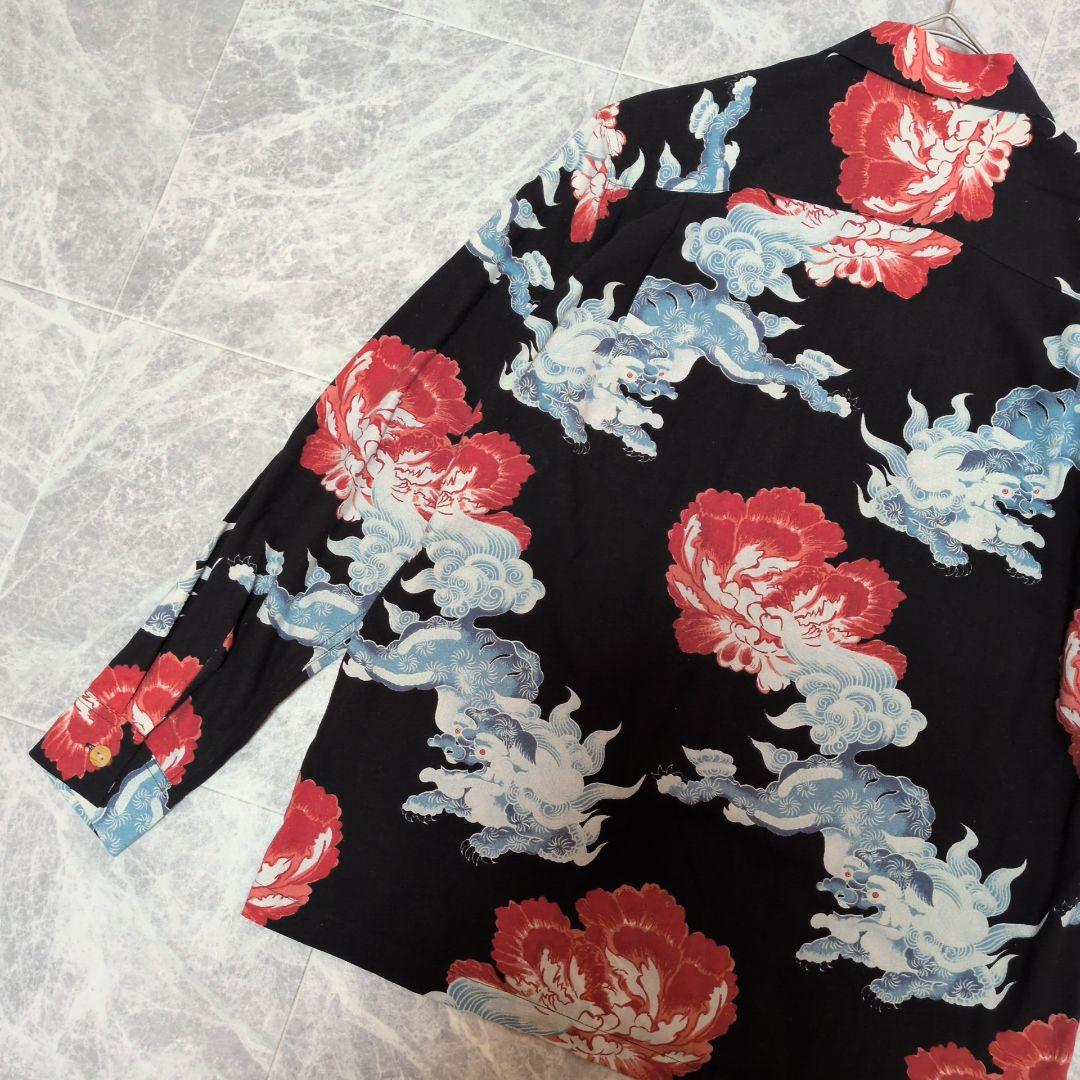 【未使用級】マカナレイ 長袖アロハシャツ M シルク 獅子 牡丹 和柄