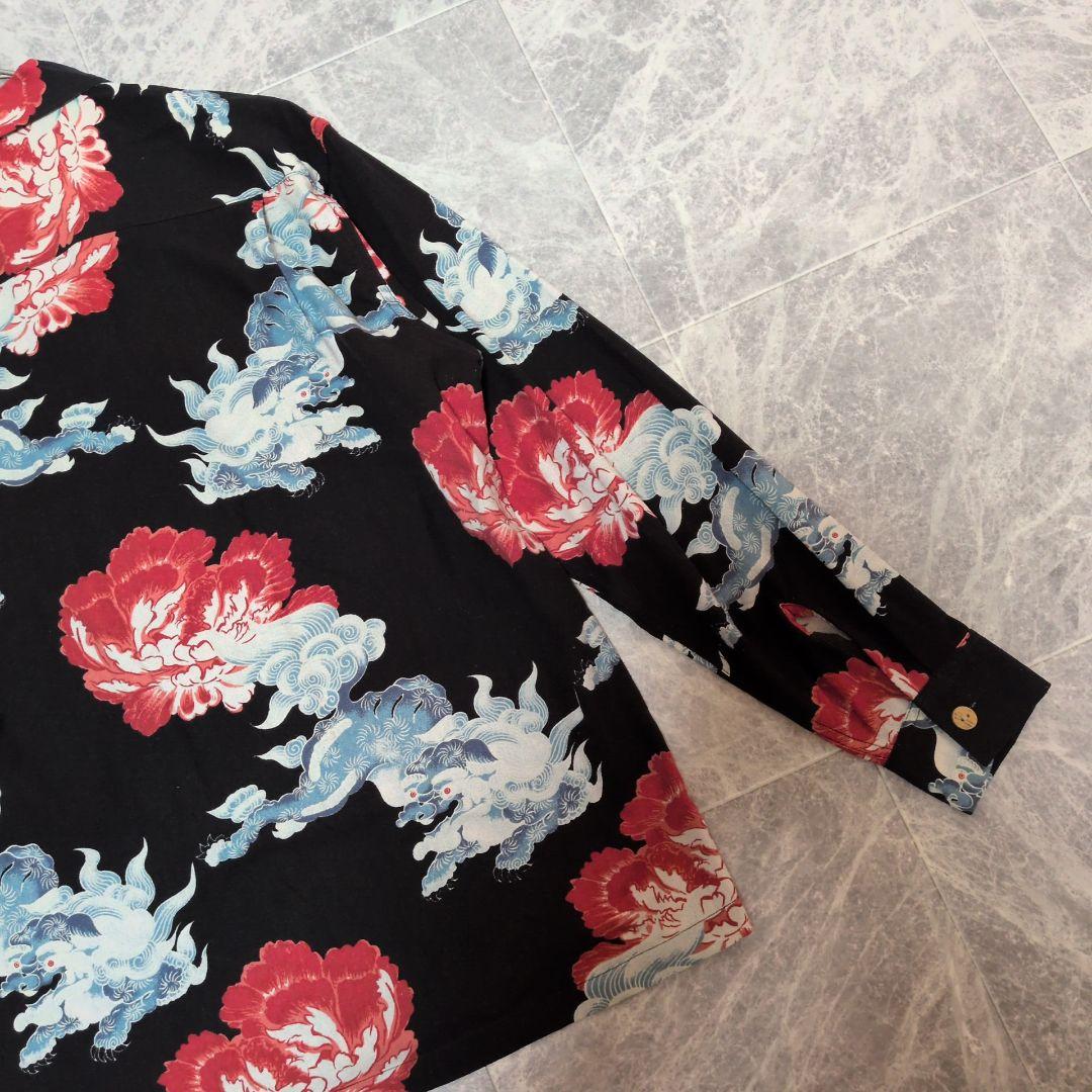 【未使用級】マカナレイ 長袖アロハシャツ M シルク 獅子 牡丹 和柄