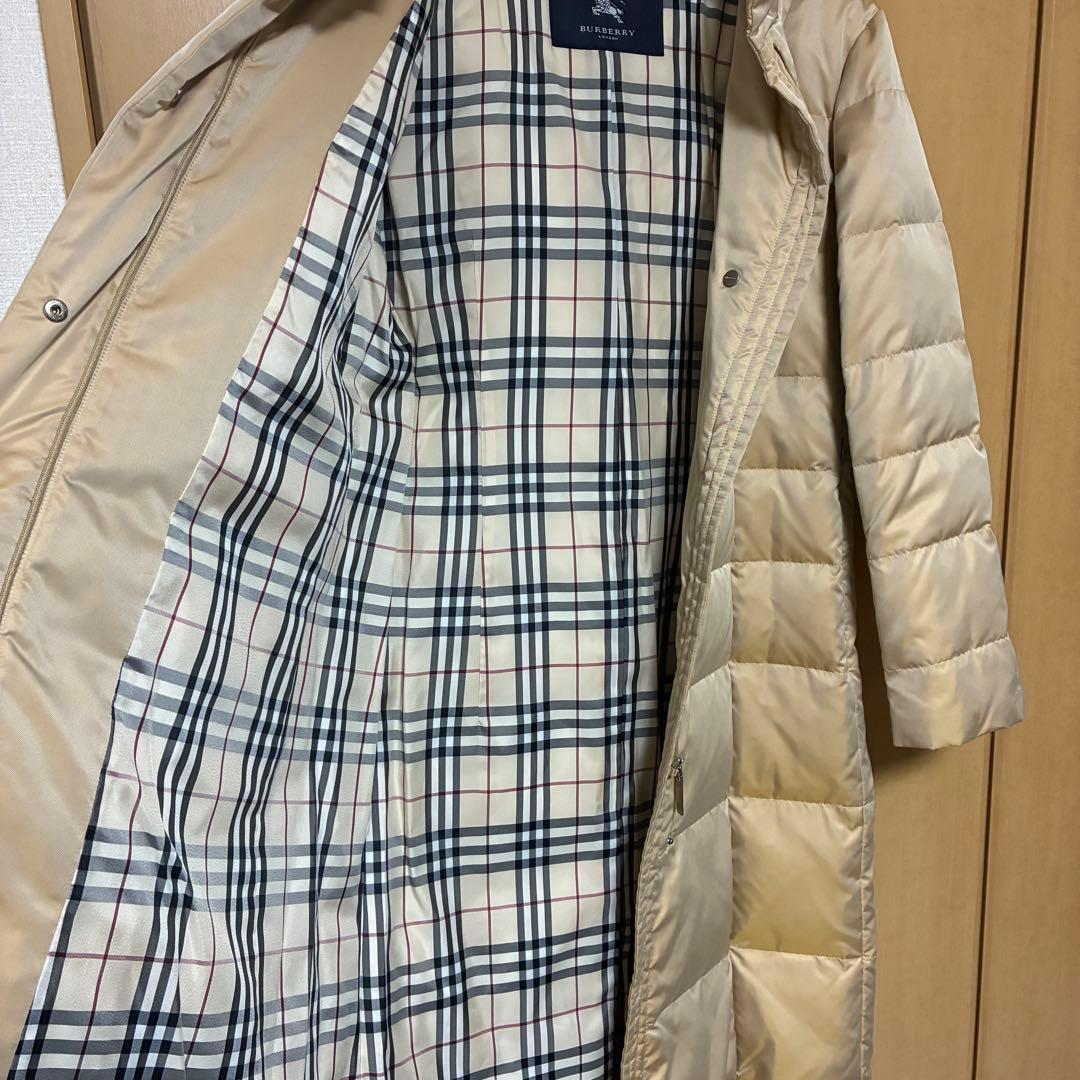 美品　バーバリーロンドン　ロングダウンコート　チェック　ベージュ　ファー付　L位