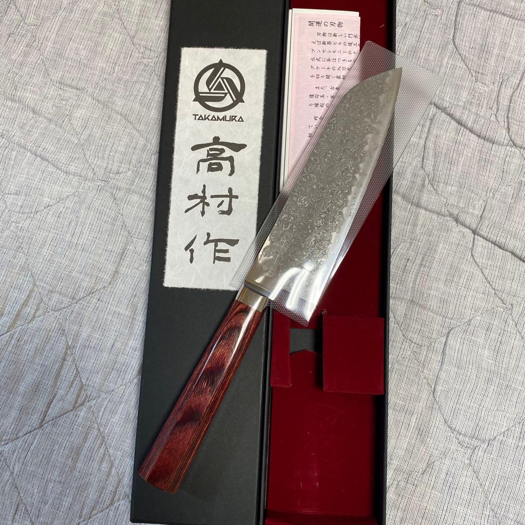 値下げ高村刃物　高村作　 打雲花　紅色ハンドル 三徳包丁 165mm