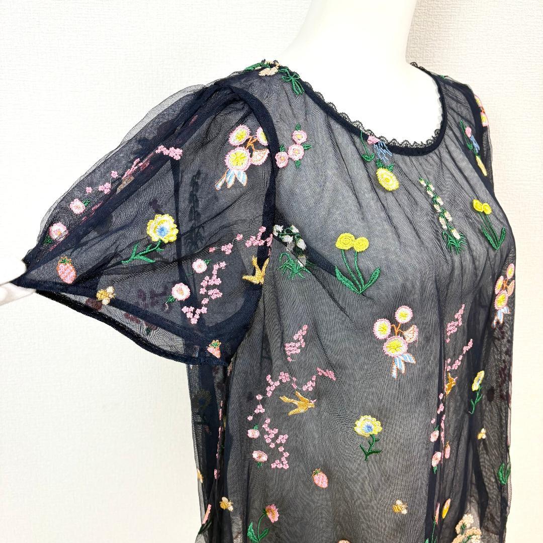 【美品】 franche lippee 半袖シアートブラウス 5 ネイビー 刺繍
