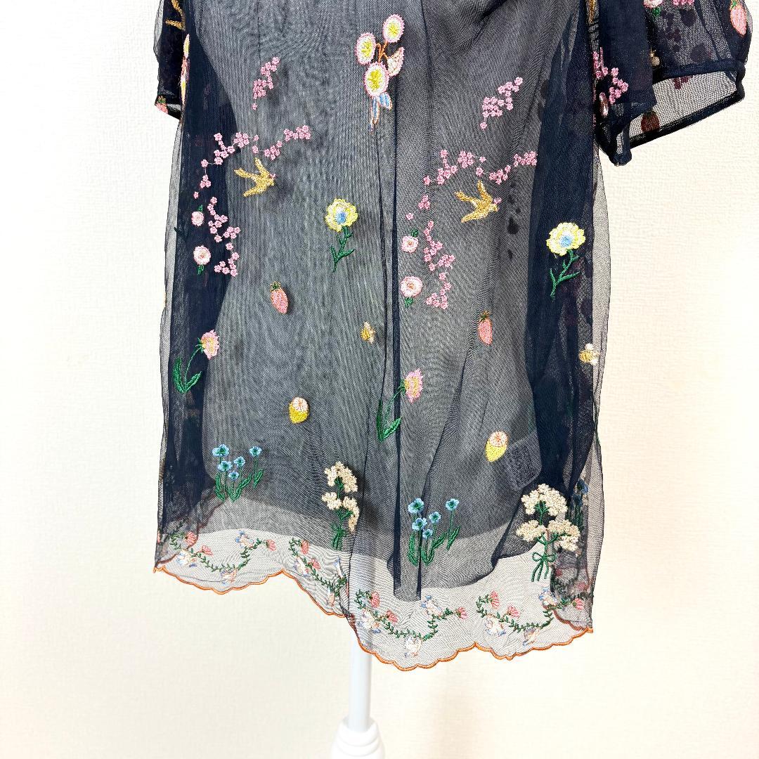 【美品】 franche lippee 半袖シアートブラウス 5 ネイビー 刺繍