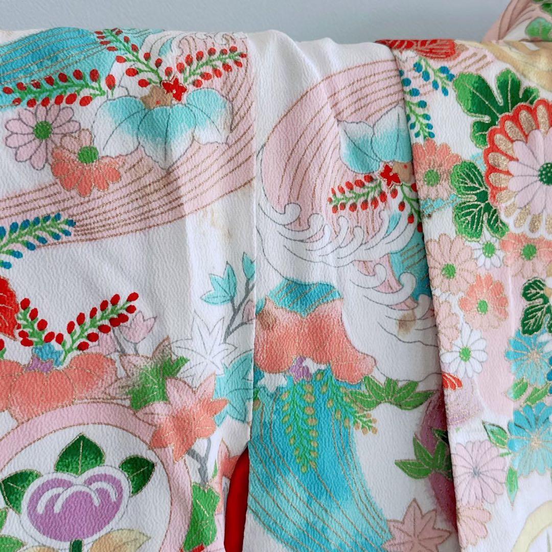 フルセット　七五三　7歳女の子　昭和レトロ　花御所車　金プリント　黒丸帯7070