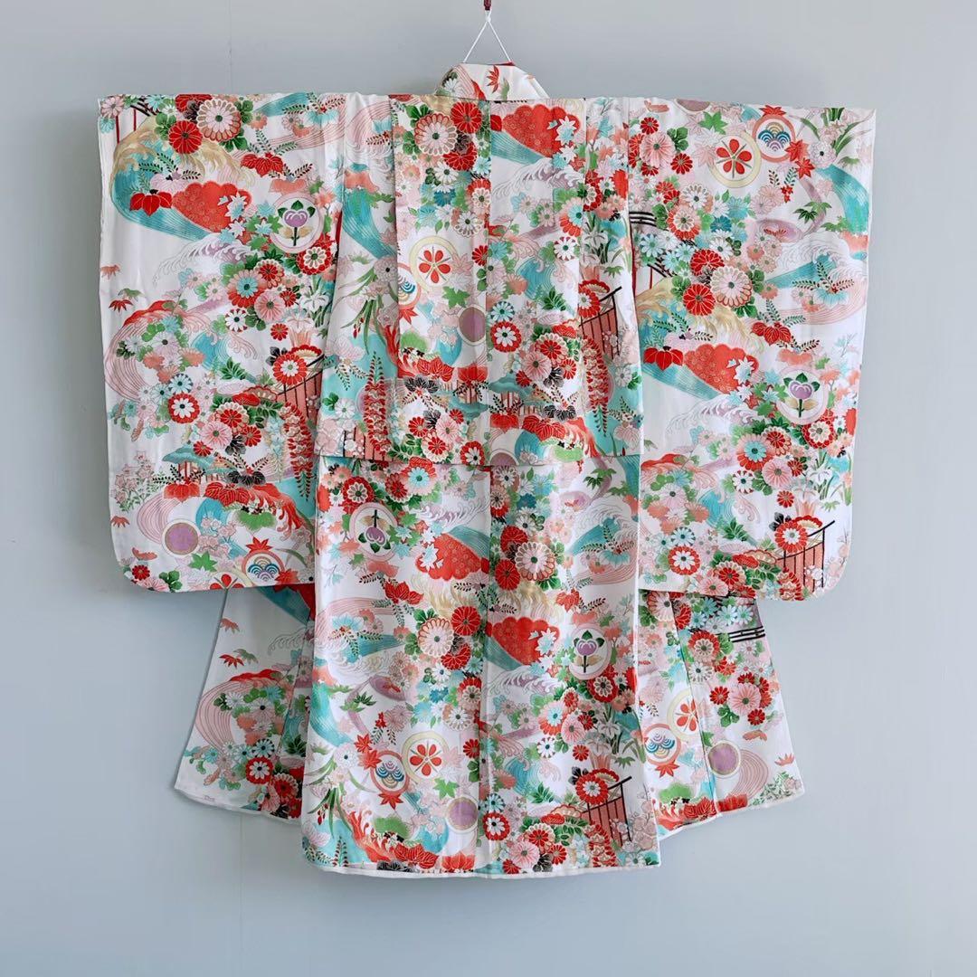 フルセット　七五三　7歳女の子　昭和レトロ　花御所車　金プリント　黒丸帯7070