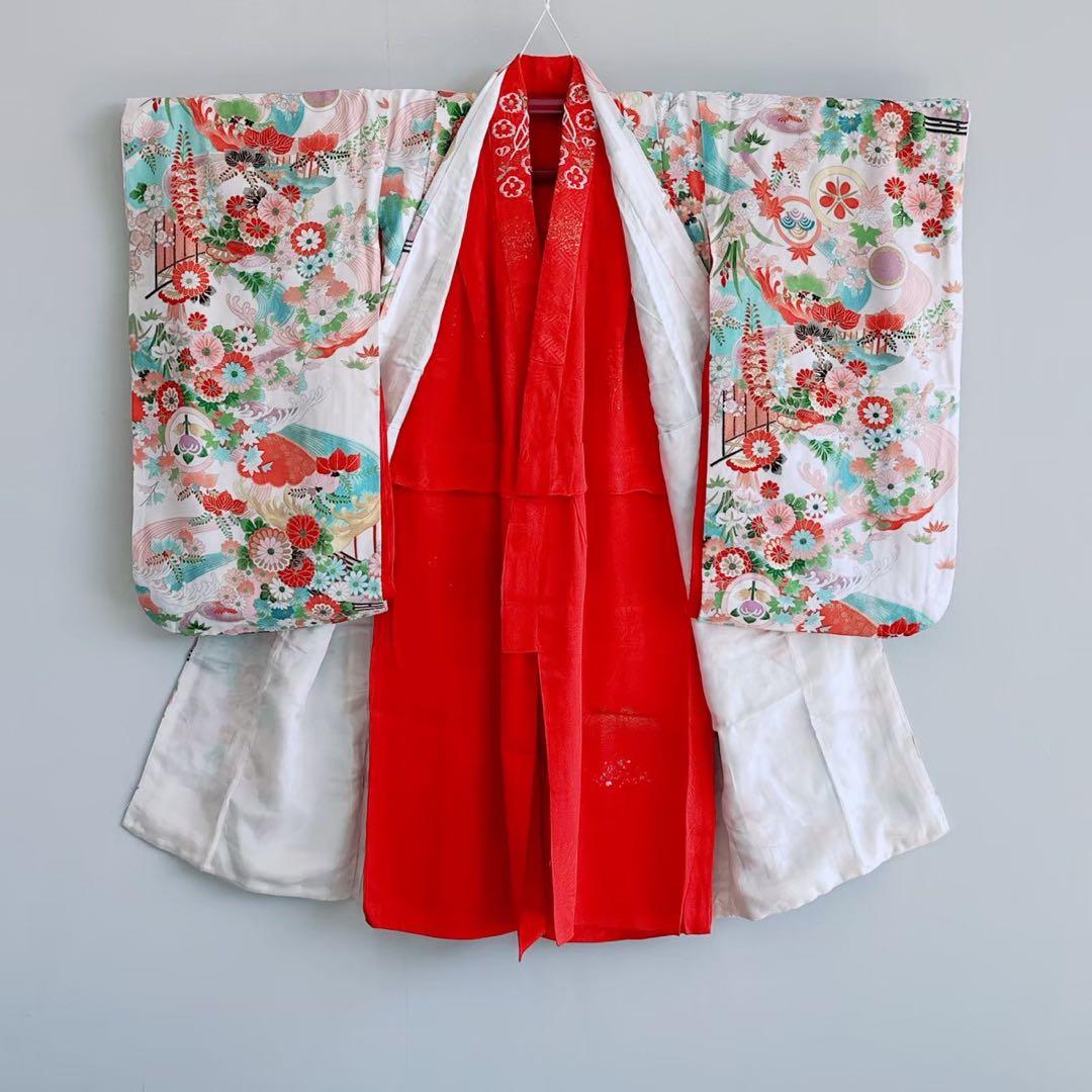 フルセット　七五三　7歳女の子　昭和レトロ　花御所車　金プリント　黒丸帯7070