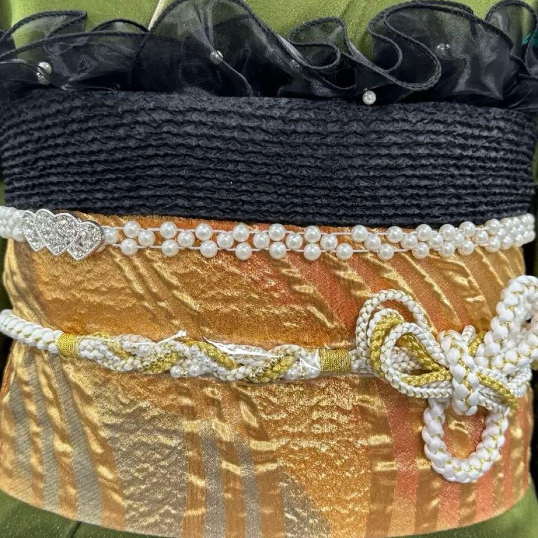 豪華振袖10点フルセット　緑系　ラメ　金彩 松竹梅　牡丹　つけ袖黒レース　可愛い