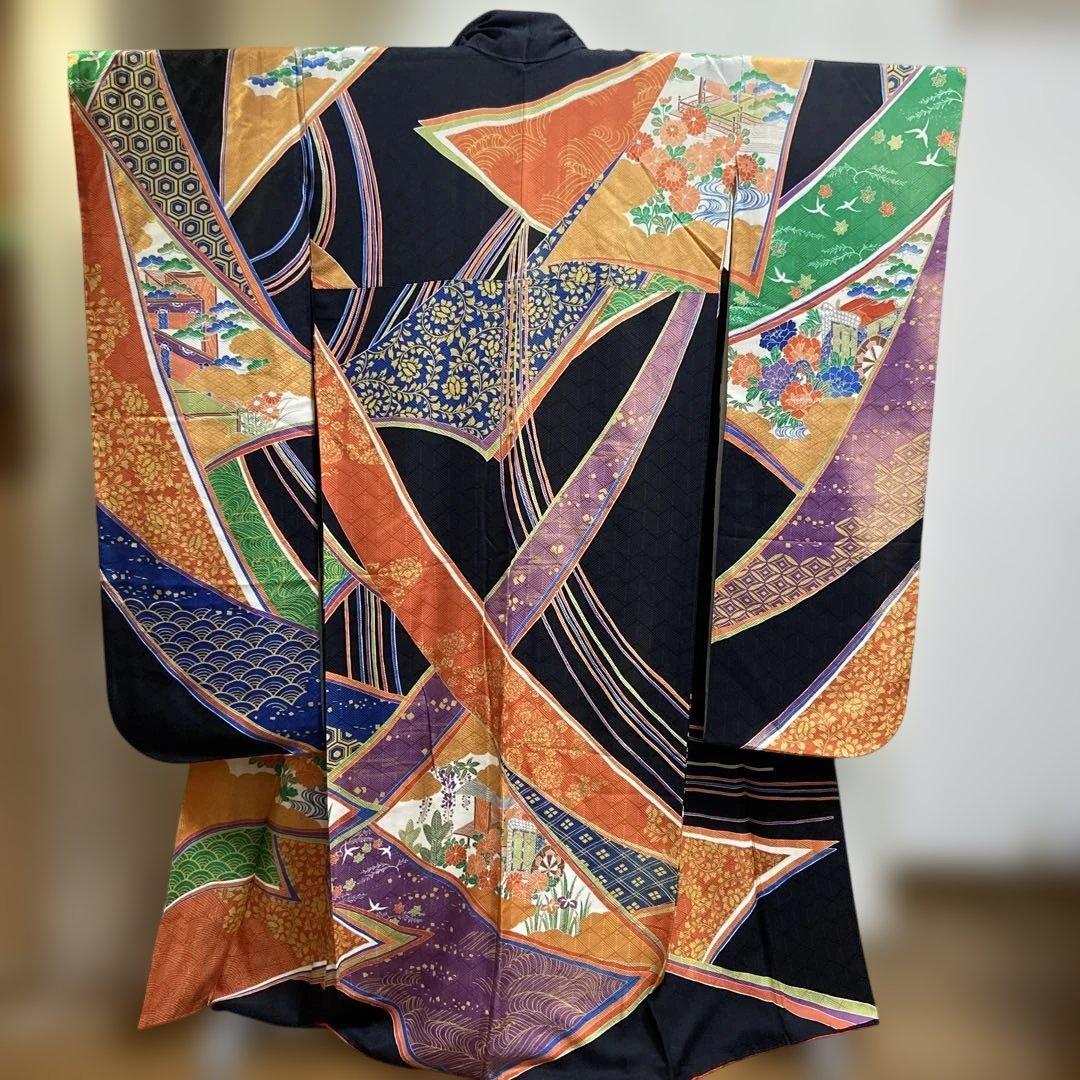 A 振袖　袷　正絹　黒地　お姫様　御所車　菊　菖蒲　着物　和装　和物　成人式