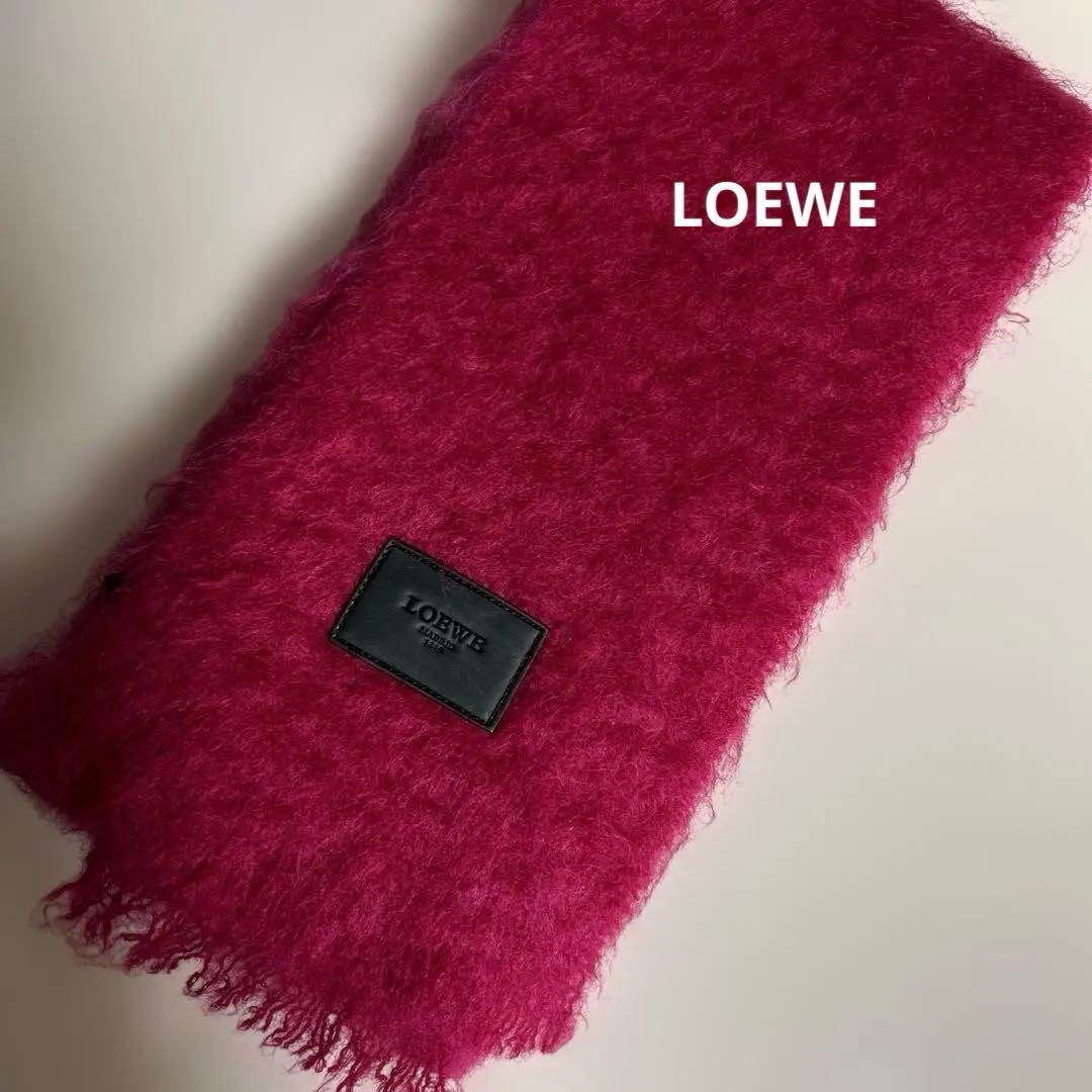 LOEWE アナグラム レザーパッチ モヘア マフラー ショッキングピンク