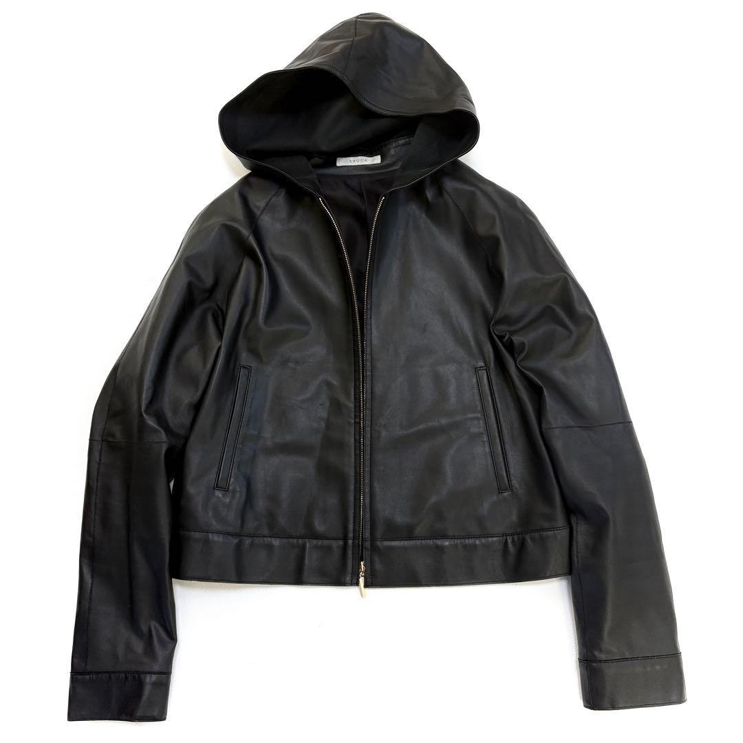 【美品】エポカ　ラムレザー　ジャケット　フード　ブラック　クロップド丈　L