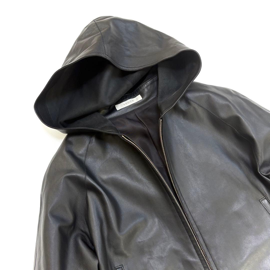 【美品】エポカ　ラムレザー　ジャケット　フード　ブラック　クロップド丈　L