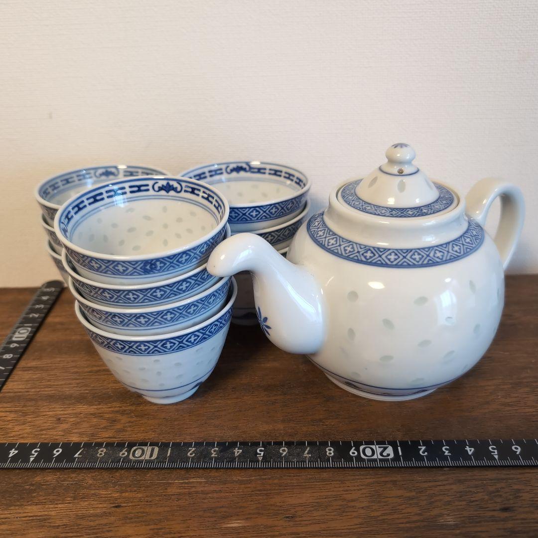 古い景徳鎮銘の蛍焼セット　中国染付　青花　蛍手アンティーク茶器　骨董