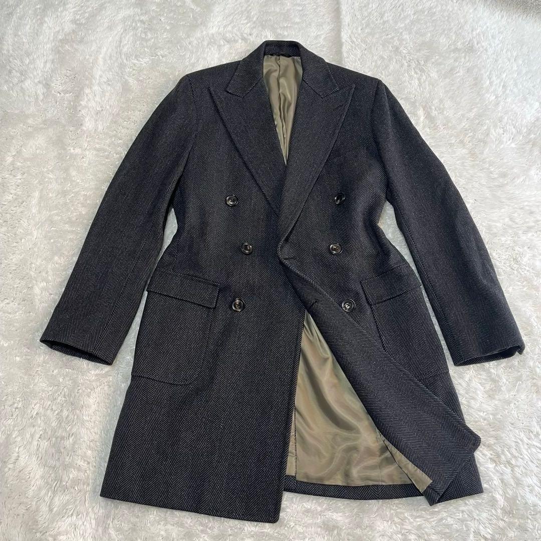 美品　麻布テーラー　カシミヤ混　ダブルチェスターコート　ヘリンボーン柄