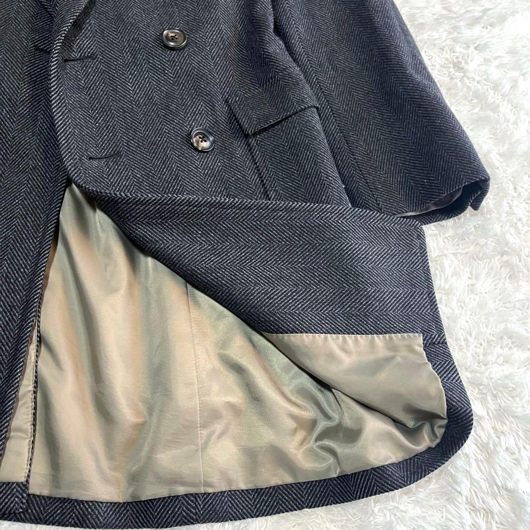 美品　麻布テーラー　カシミヤ混　ダブルチェスターコート　ヘリンボーン柄