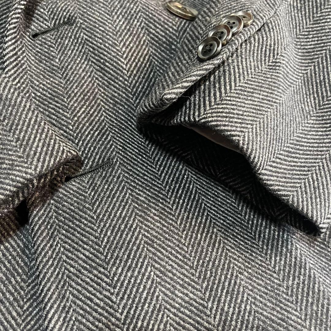 美品　麻布テーラー　カシミヤ混　ダブルチェスターコート　ヘリンボーン柄