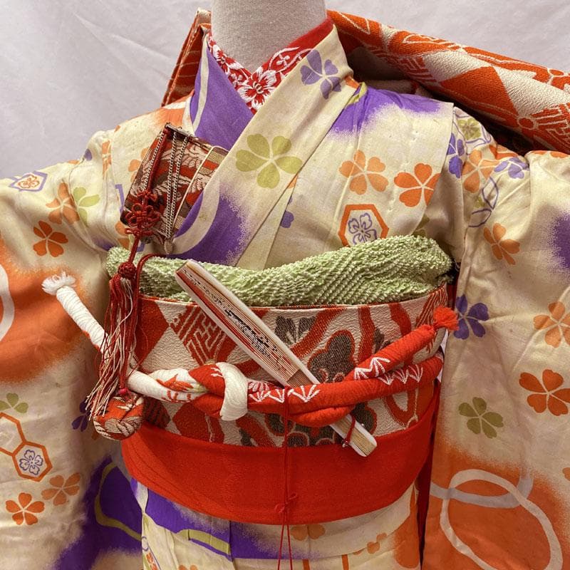 504ag48◎七五三 七歳 女児 アンティーク 総柄 桜 亀甲 着物&丸帯◎
