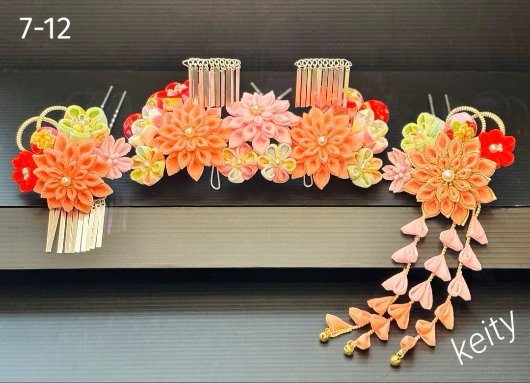 七五三髪飾りセット つまみ細工 7歳 パステルカラー はねず色×桜色 7-12