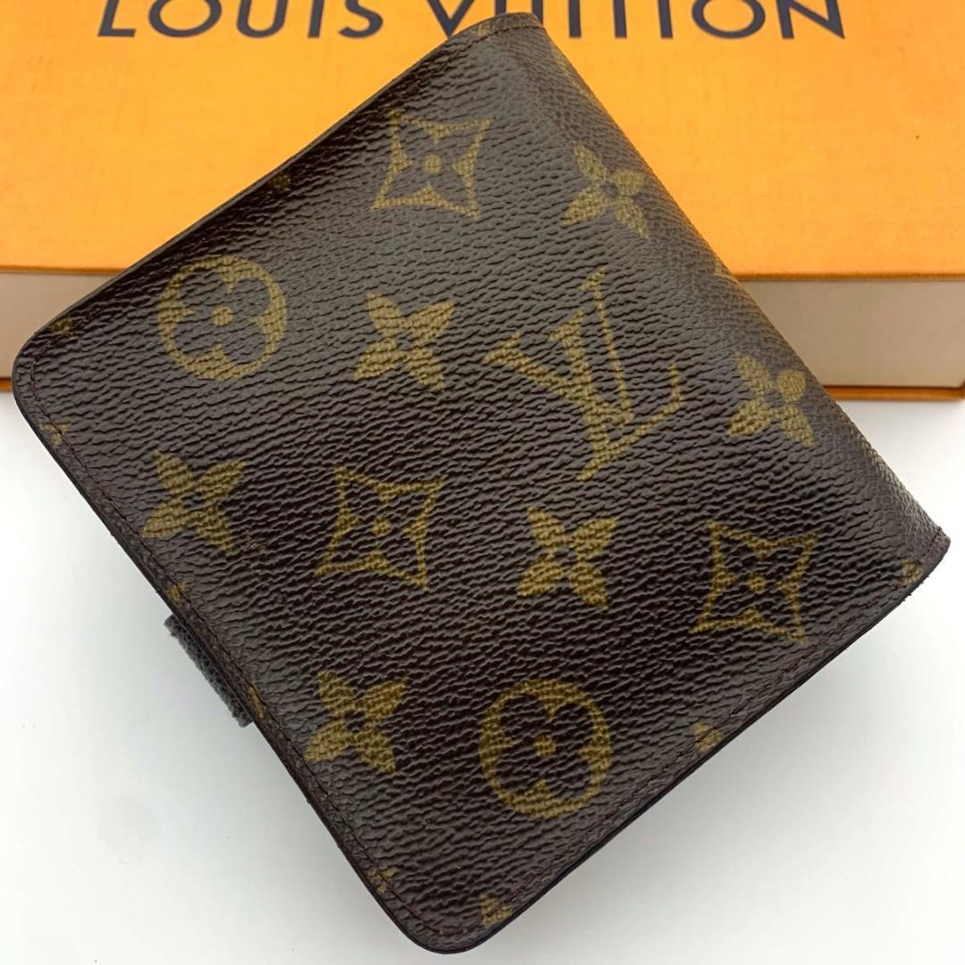 鑑定済み ルイヴィトン コンパクトジップ 二つ折り モノグラム 財布 レザー 茶