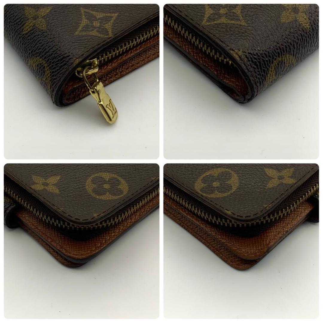 鑑定済み ルイヴィトン コンパクトジップ 二つ折り モノグラム 財布 レザー 茶