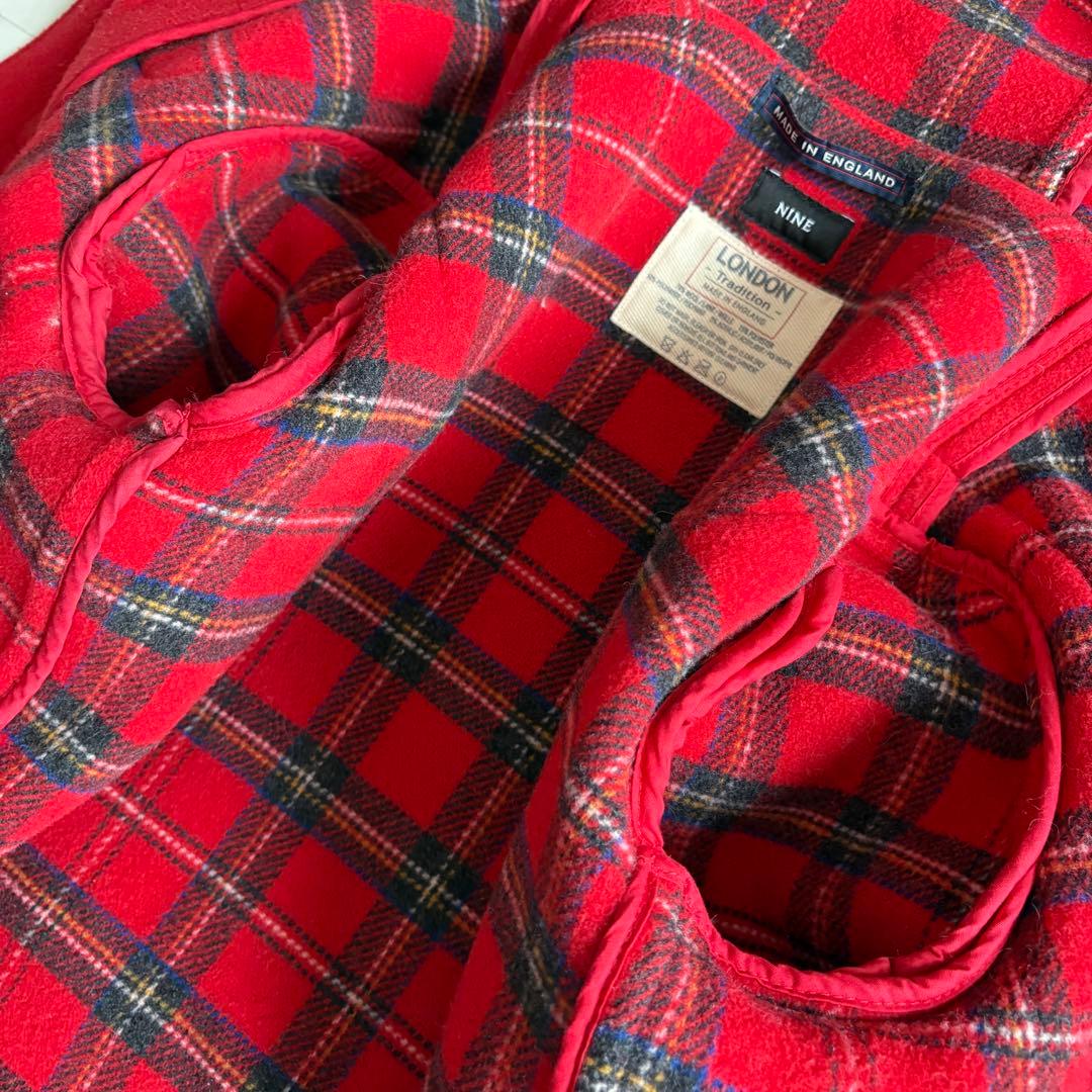 英国製 ロンドントラディショナル ダッフルコート 赤34 チェック裏地 フード付