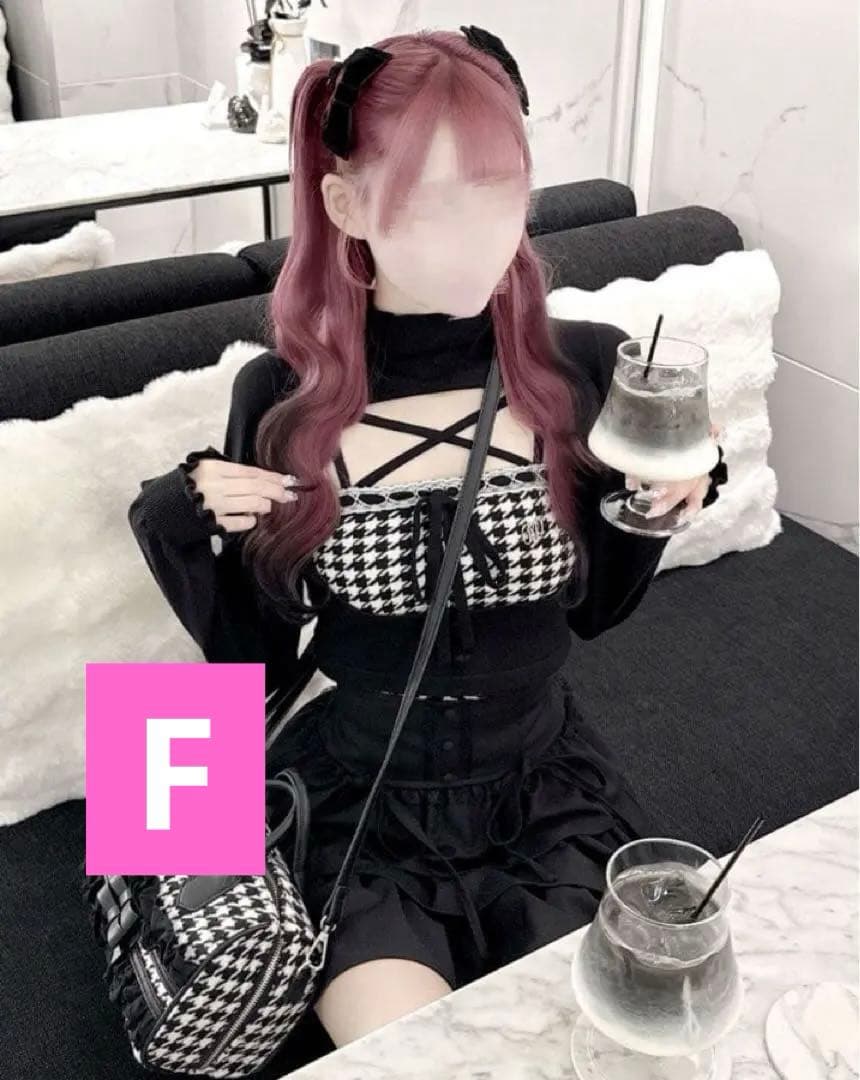 Honeymew ハニーミュウ　千鳥柄ハイネックアンサンブルトップス　黒　量産型